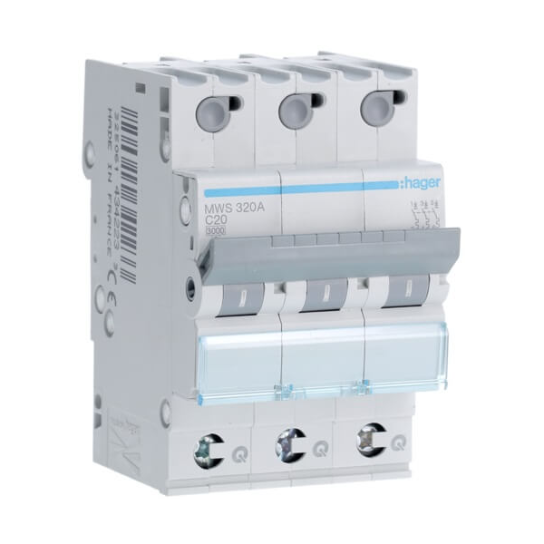 [HAGMWS320A] Disjoncteur 3P - 3KA - 20A - Courbe C - Quick-connect - Hager