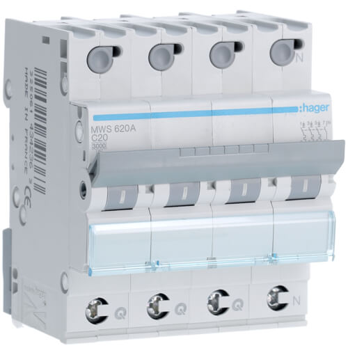Disjoncteur 4P - 3KA - 20A - Courbe C - Quick connect - Hager