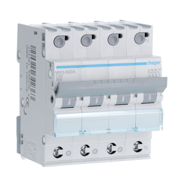 [HAGMWS620A] Disjoncteur 4P - 3KA - 20A - Courbe C - Quick connect - Hager