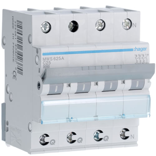 Disjoncteur 4P - 3KA - 25A - Courbe C - Quick connect - Hager
