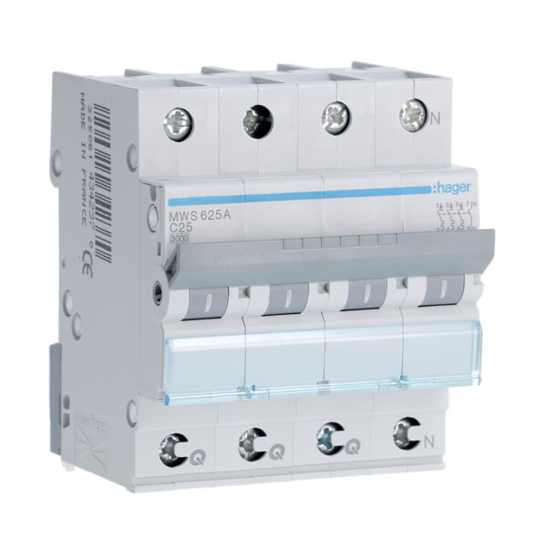 [HAGMWS625A] Disjoncteur 4P - 3KA - 25A - Courbe C - Quick connect - Hager