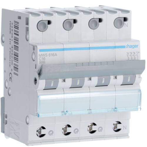 Disjoncteur 4P - 3KA - 16A - Courbe C - Quick connect - Hager
