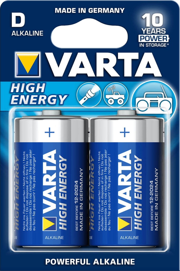 Piles alcalines Hight Energy -1,5V - D (LR20) - Blister de 2 - Varta