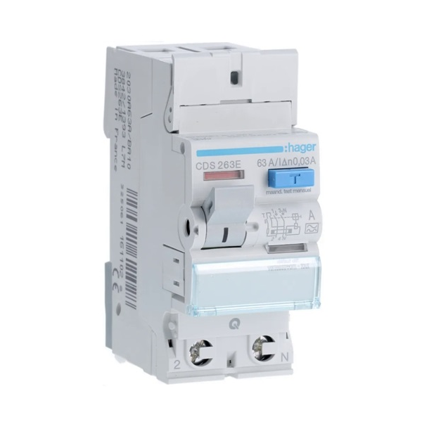 [HAGCDS263E] Interrupteur différentiel 2P - 63A - 30mA - Type A - Quick Connect - Hager