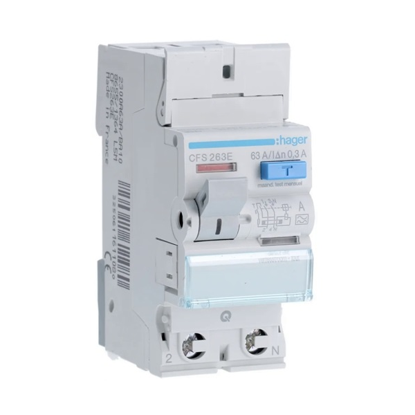 [HAGCFS263E] Differentieelschakelaar 2P - 63A - 300mA - Type A - Quick-connect - Hager