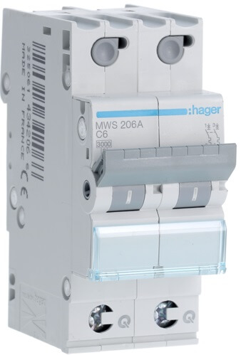 [HAGMWS206A] Disjoncteur 2P - 3KA - 6A - Courbe C - Quick connect - Hager