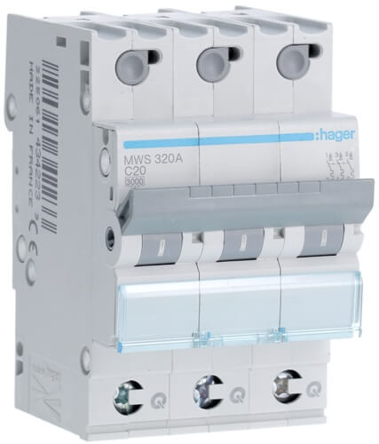[HAGMWS320A] Disjoncteur 3P - 3KA - 20A - Courbe C - Quick-connect - Hager