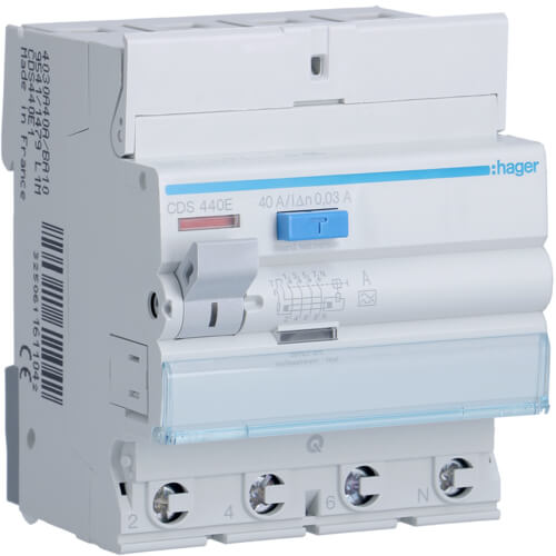 [HAGCDS440E] Interrupteur différentiel 4P - 40A - 30mA - Type A - Quick Connect - Hager
